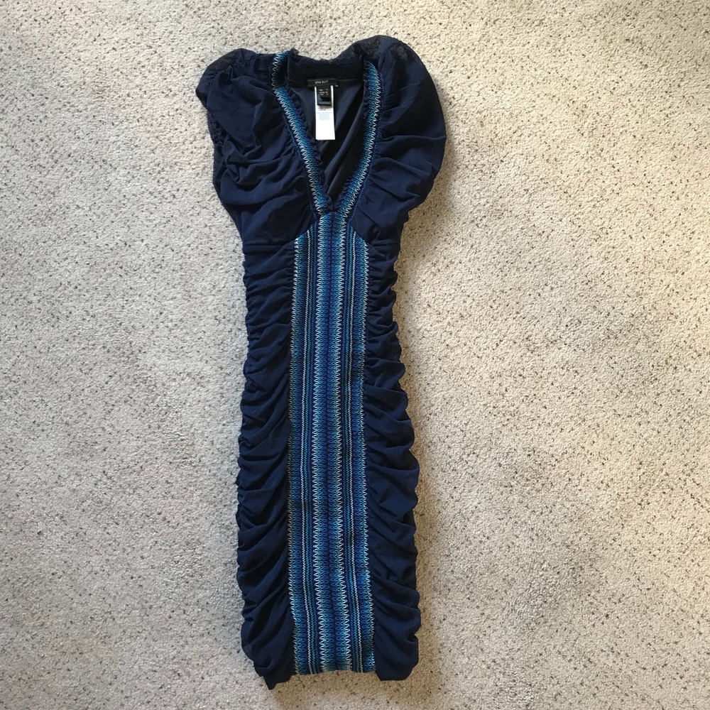 Mango Blue Short Sleeved Ruched Dress XS